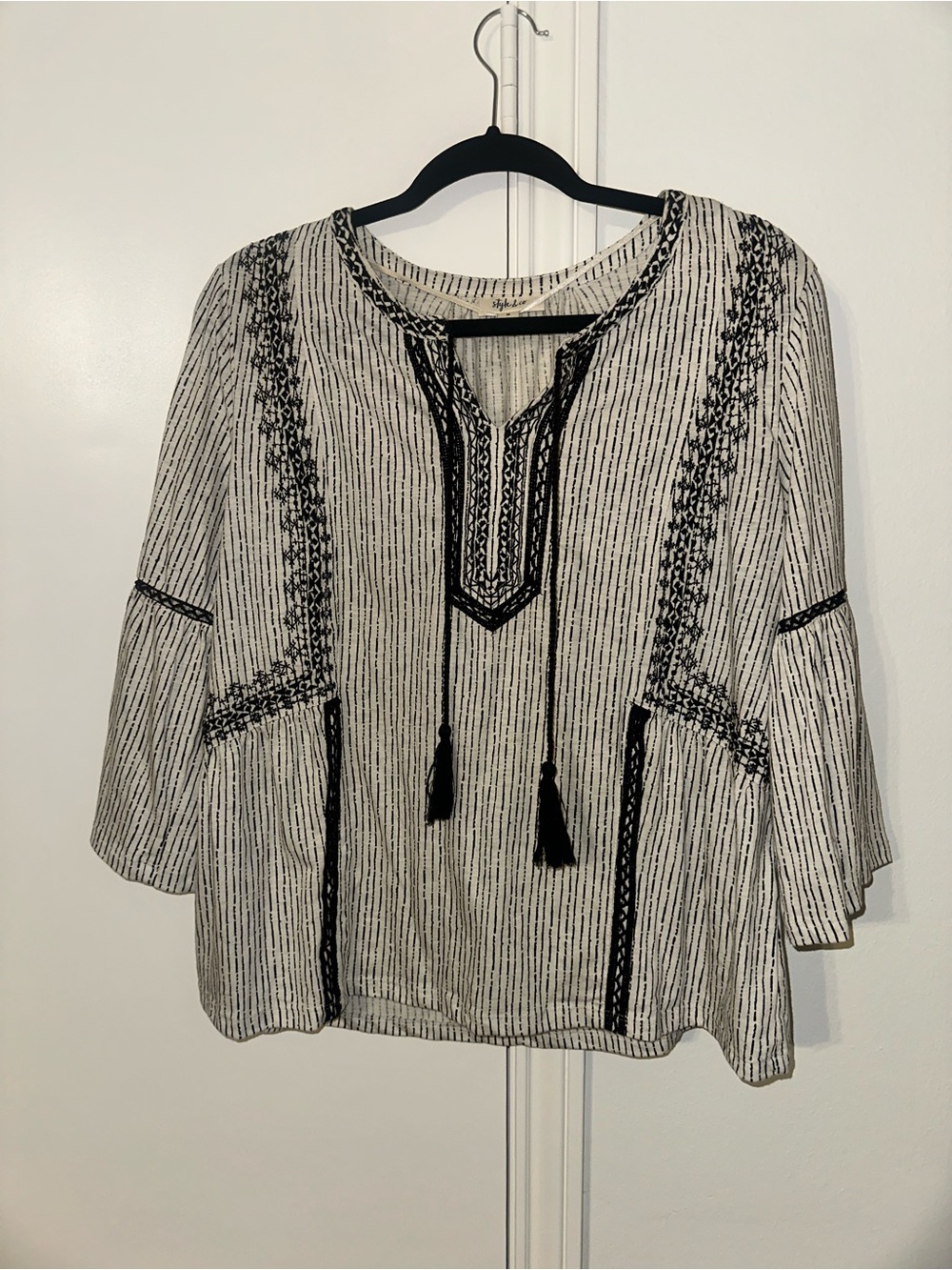 Boho Embroidered Tassel Peasant Top - Black & White - Style & Co